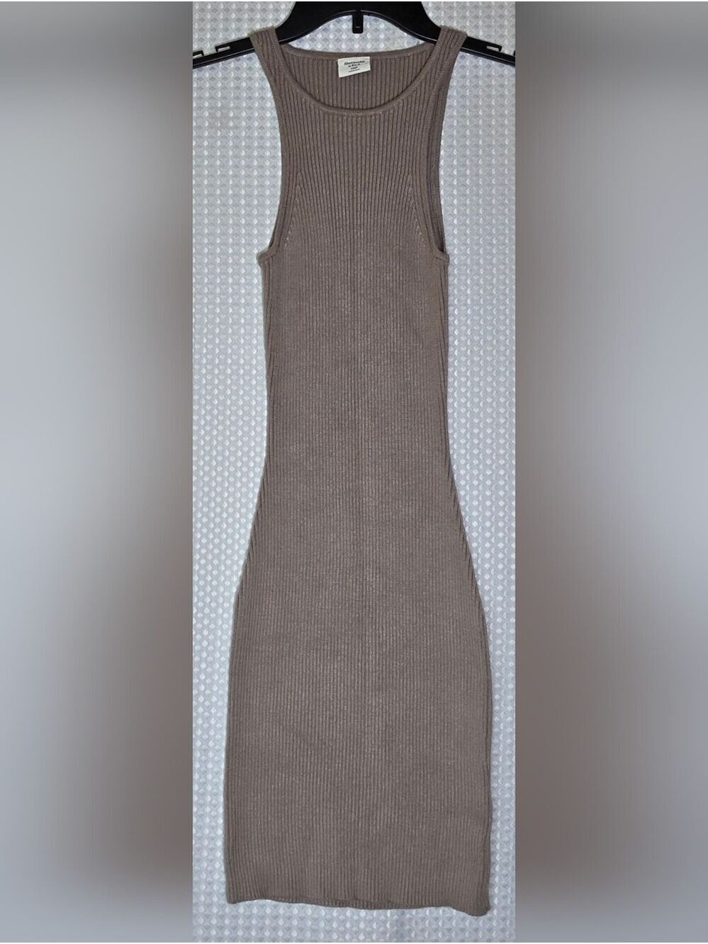 Abercrombie Ribbed Midi Dress Taupe Neutral Quiet Luxury Bodycon XXSP - Picture 3 of 14